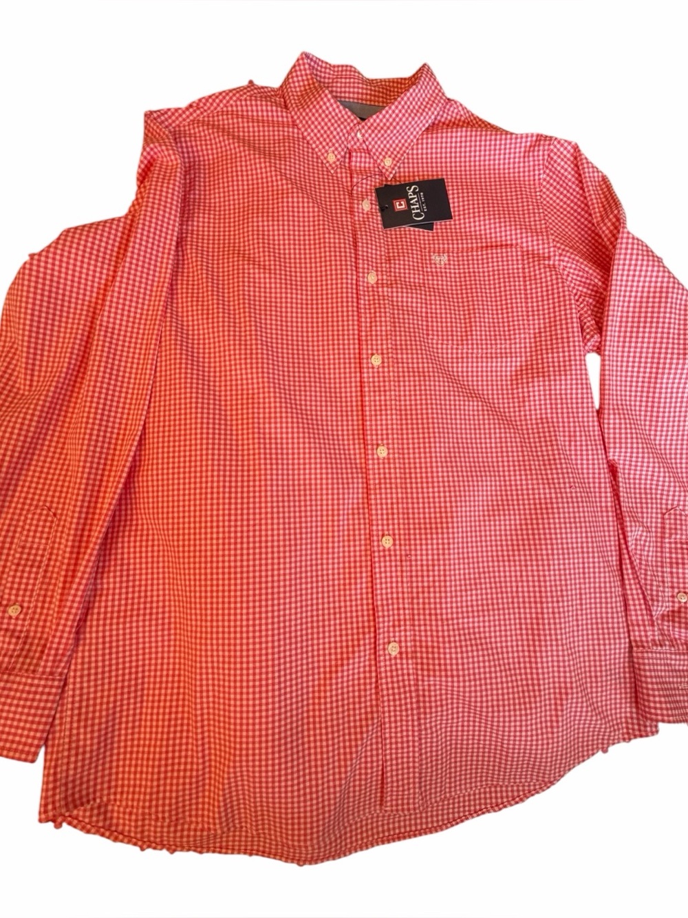CHAPS Stretch Dark Pink Gingham Shirt-Size Large-NWT-Long Sleeve-Button Down.